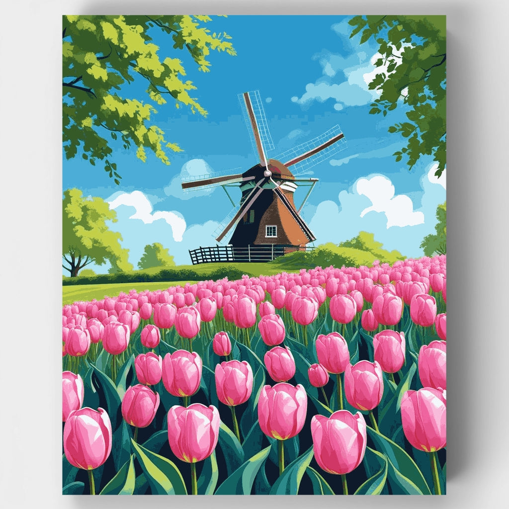 Kit de pintura por números: Molino de viento holandés tradicional y campo de tulipanes — Estándar