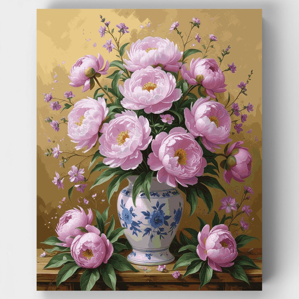 Pink Peonies in Blue and White Vase - Paint by Numbers Kit