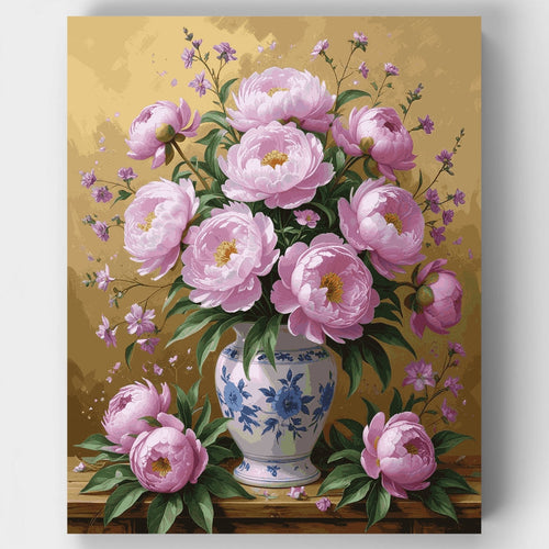 Pink Peonies in Blue and White Vase - Paint by Numbers Kit