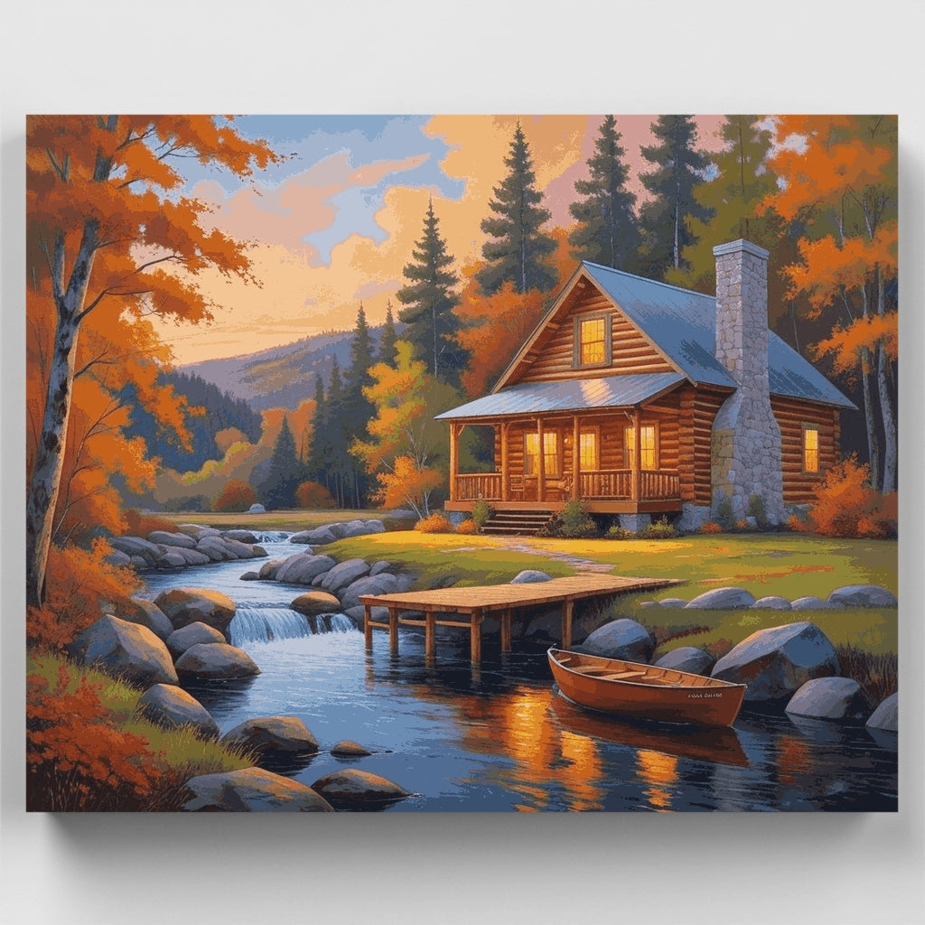 Cabaña de otoño junto al arroyo - Kit de pintura por números — Estándar