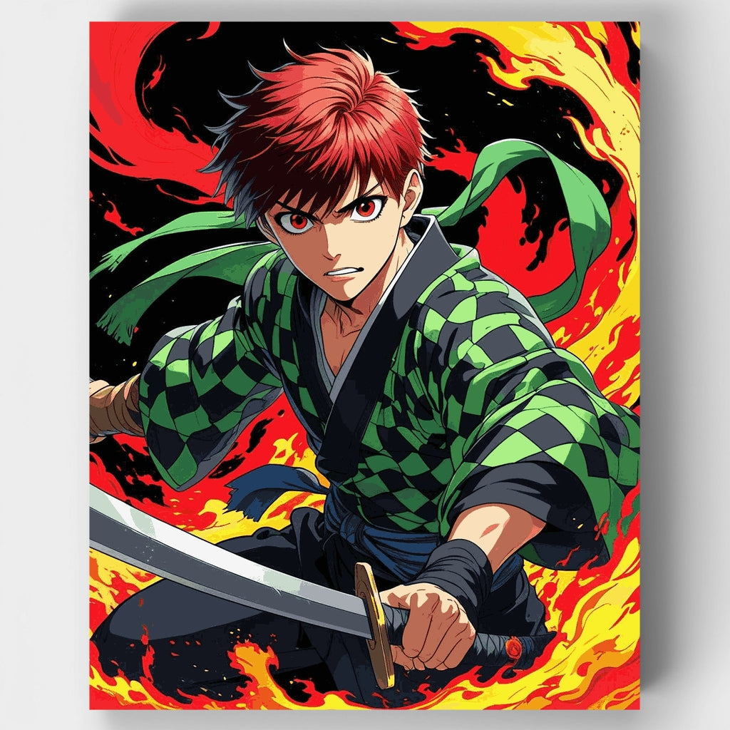 Guerrero anime con espada en llamas - Kit de pintura por números — Estándar