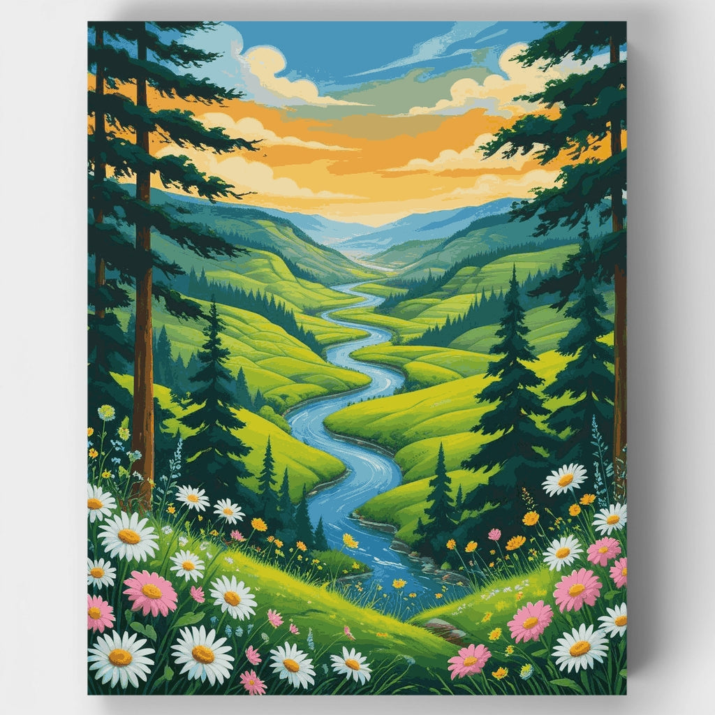 Kit de pintura por números - Paisaje de río en el valle montañoso — Estándar