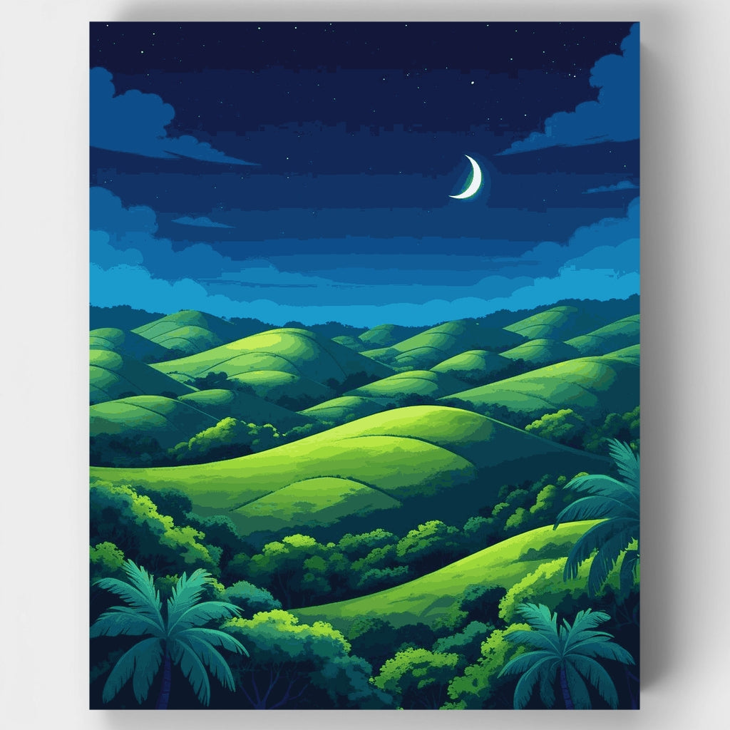 Colinas tropicales bajo un cielo estrellado: kit de pintura por números — Estándar