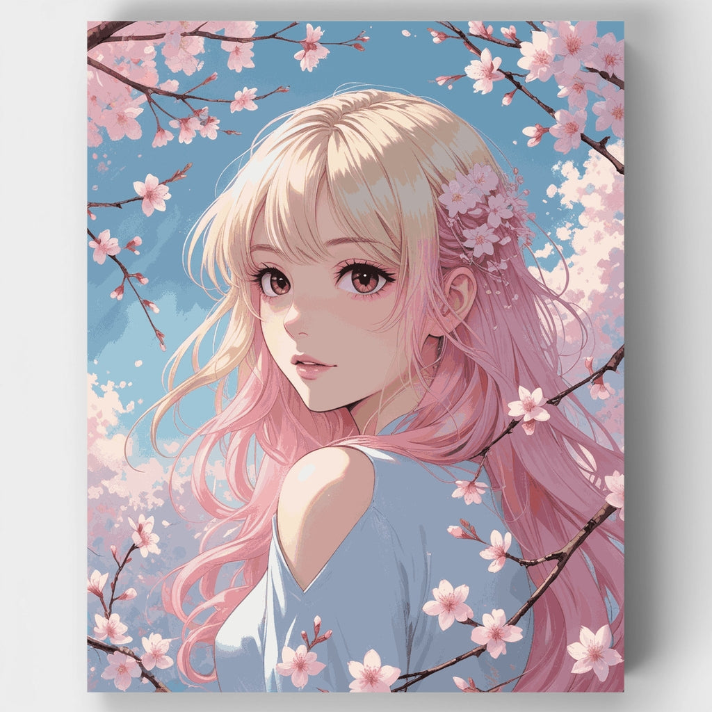 Kit de pintura por números - Chica anime con flores de cerezo — Estándar