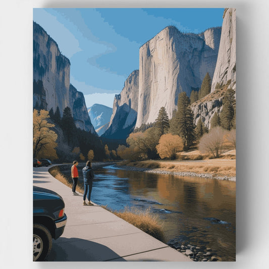 Yosemite Valley Visitors by Merced River - Paint by Numbers Kit