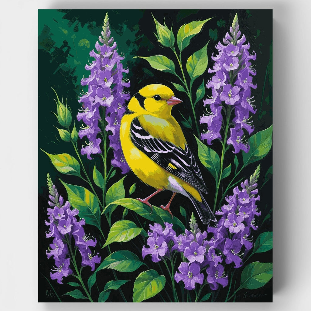 Jilguero americano entre flores silvestres moradas - Kit de pintura por números — Estándar