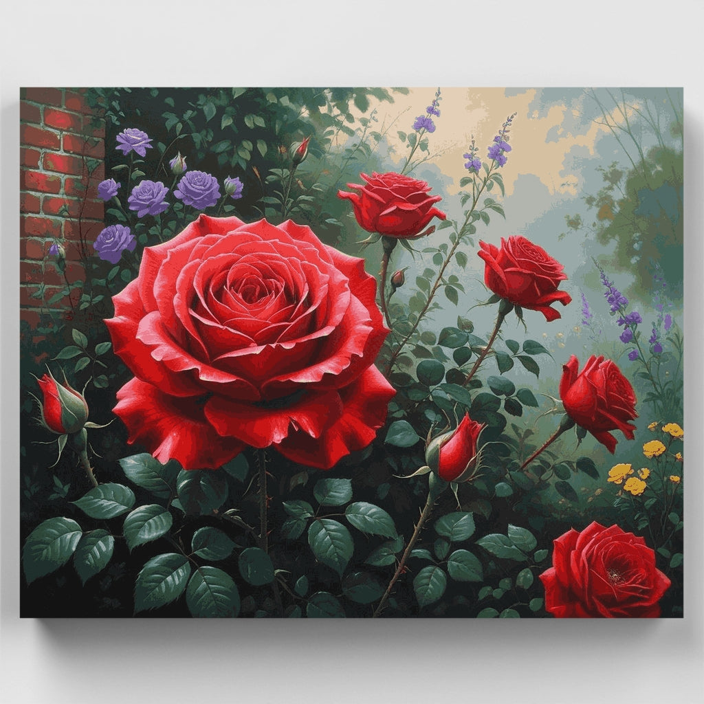 Red Roses Garden Scene - Paint by Numbers Kit