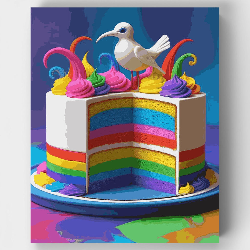 Pastel de capas arcoíris con pájaro blanco - Kit de pintura por números — Estándar