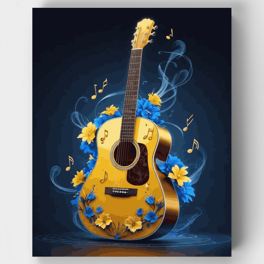 Guitarra melódica con flores azules y amarillas - Kit de pintura por números — Estándar