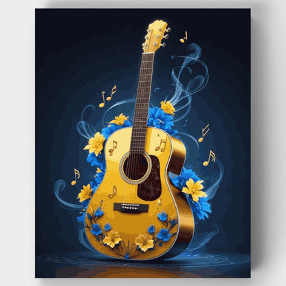 Melodic Guitar with Blue and Yellow Flowers - Paint by Numbers Kit
