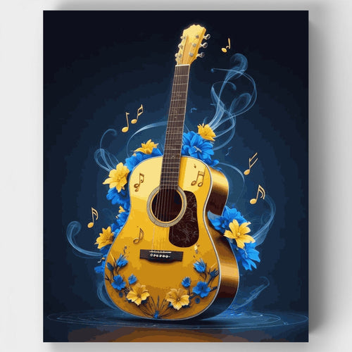 Melodic Guitar with Blue and Yellow Flowers - Paint by Numbers Kit