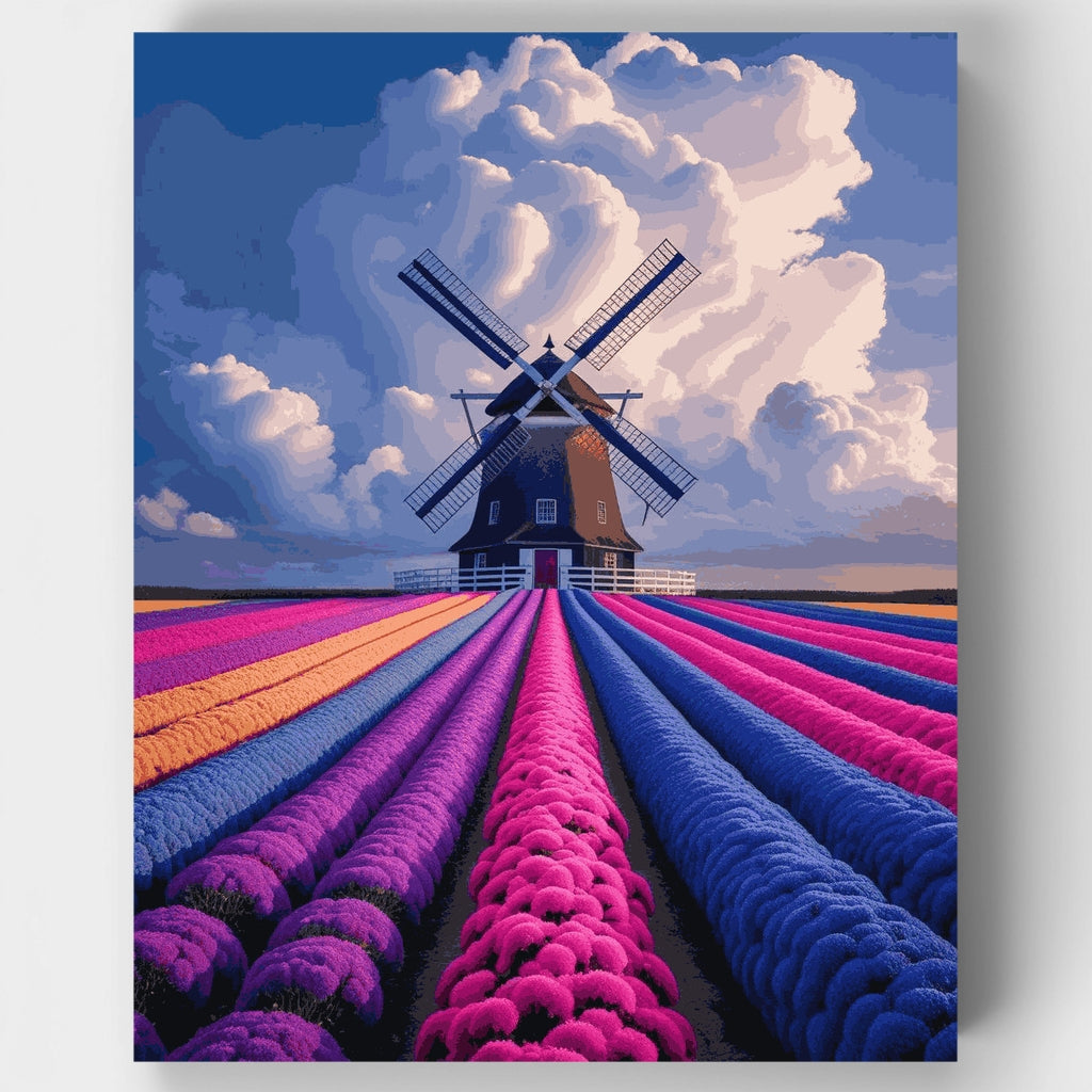 Dutch Windmill and Colorful Flower Fields - Paint by Numbers Kit