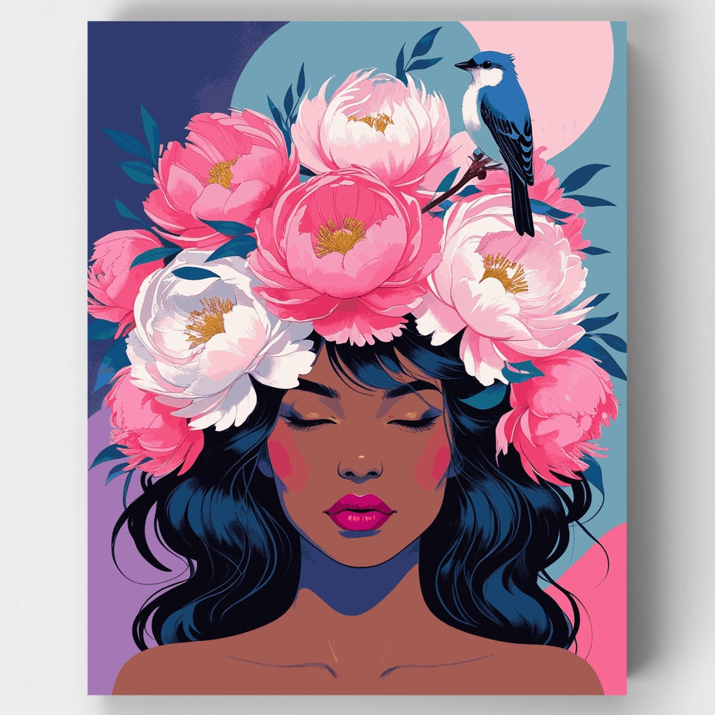 Kit de pintura por números - Corona de peonías y pájaro azul — Estándar