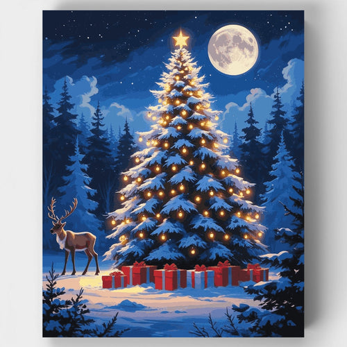 Moonlit Christmas Tree with Reindeer - Paint by Numbers Kit