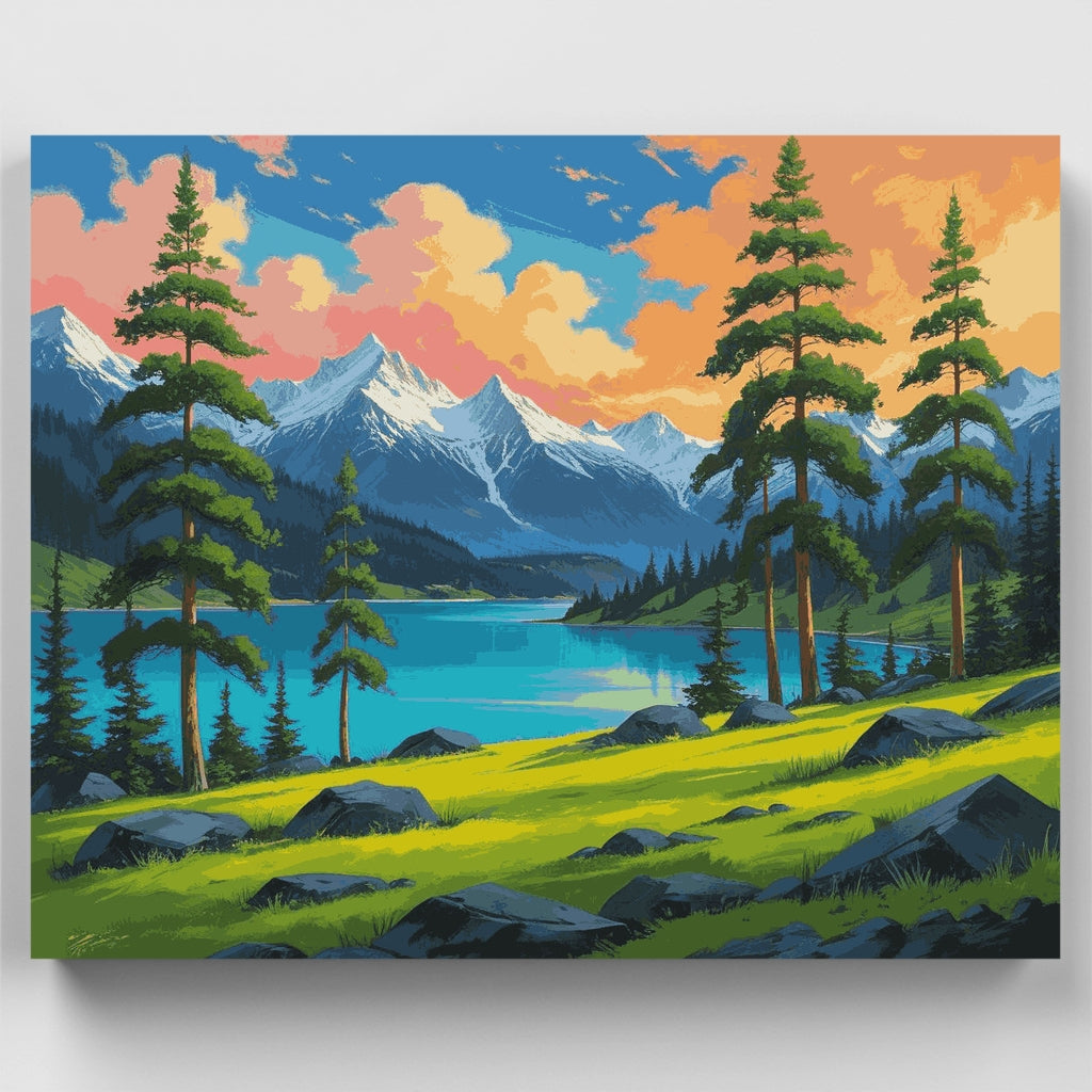 Kit de pintura por números - Atardecer en el lago de montaña — Estándar