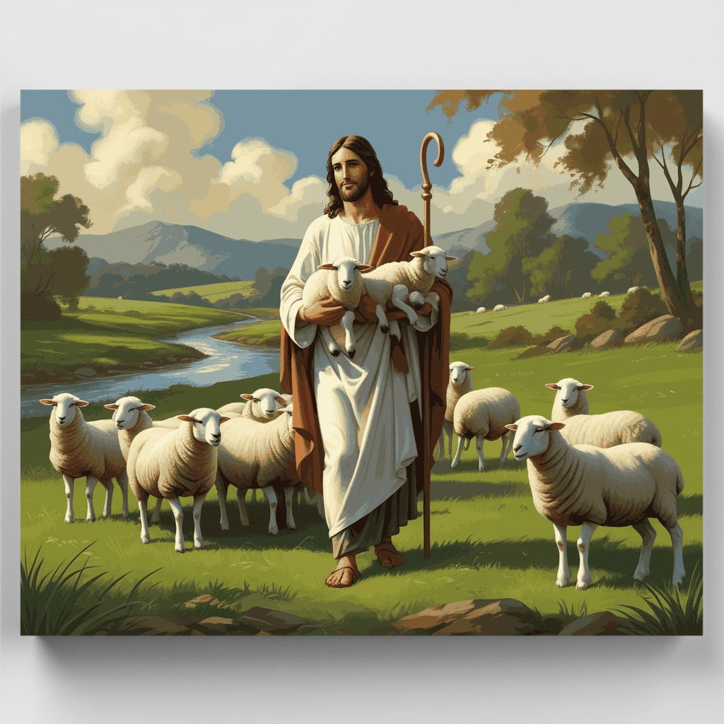 Shepherd with Flock in Pastoral Landscape - Paint by Numbers Kit