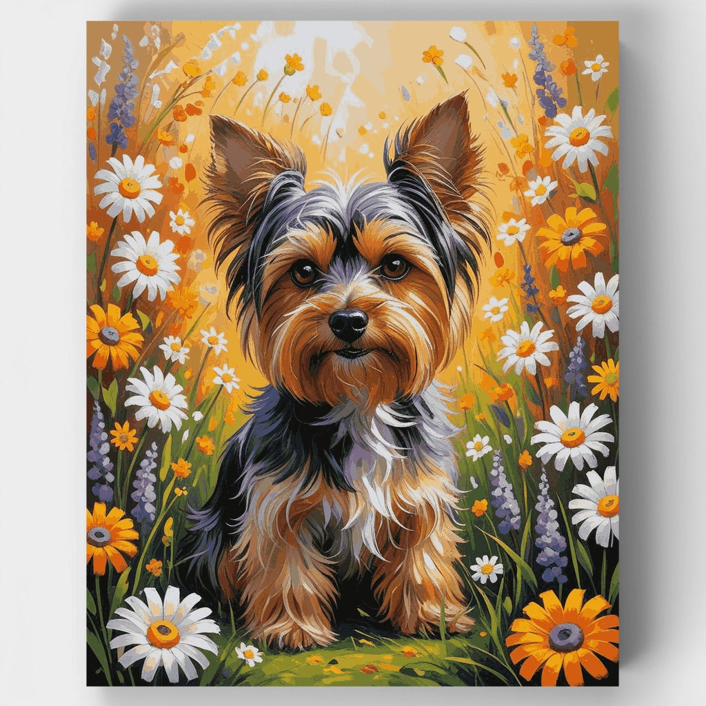 Yorkshire Terrier en un campo de flores silvestres - Kit de pintura por números — Estándar