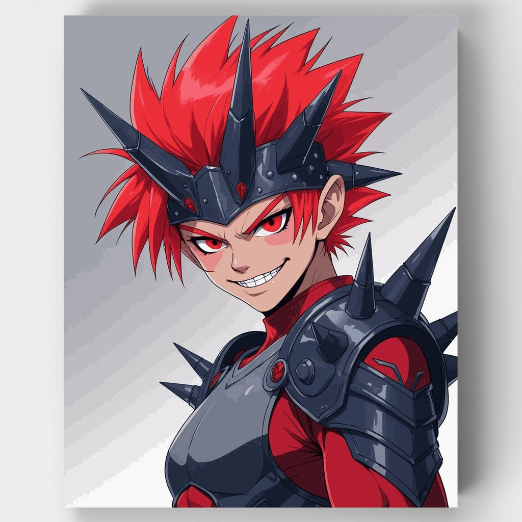 Guerrero de anime con cabello rojo y armadura puntiaguda - Kit de pintura por números — Estándar