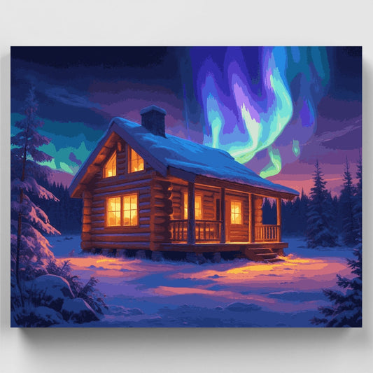 Winter Cabin Under Northern Lights - Paint by Numbers Kit