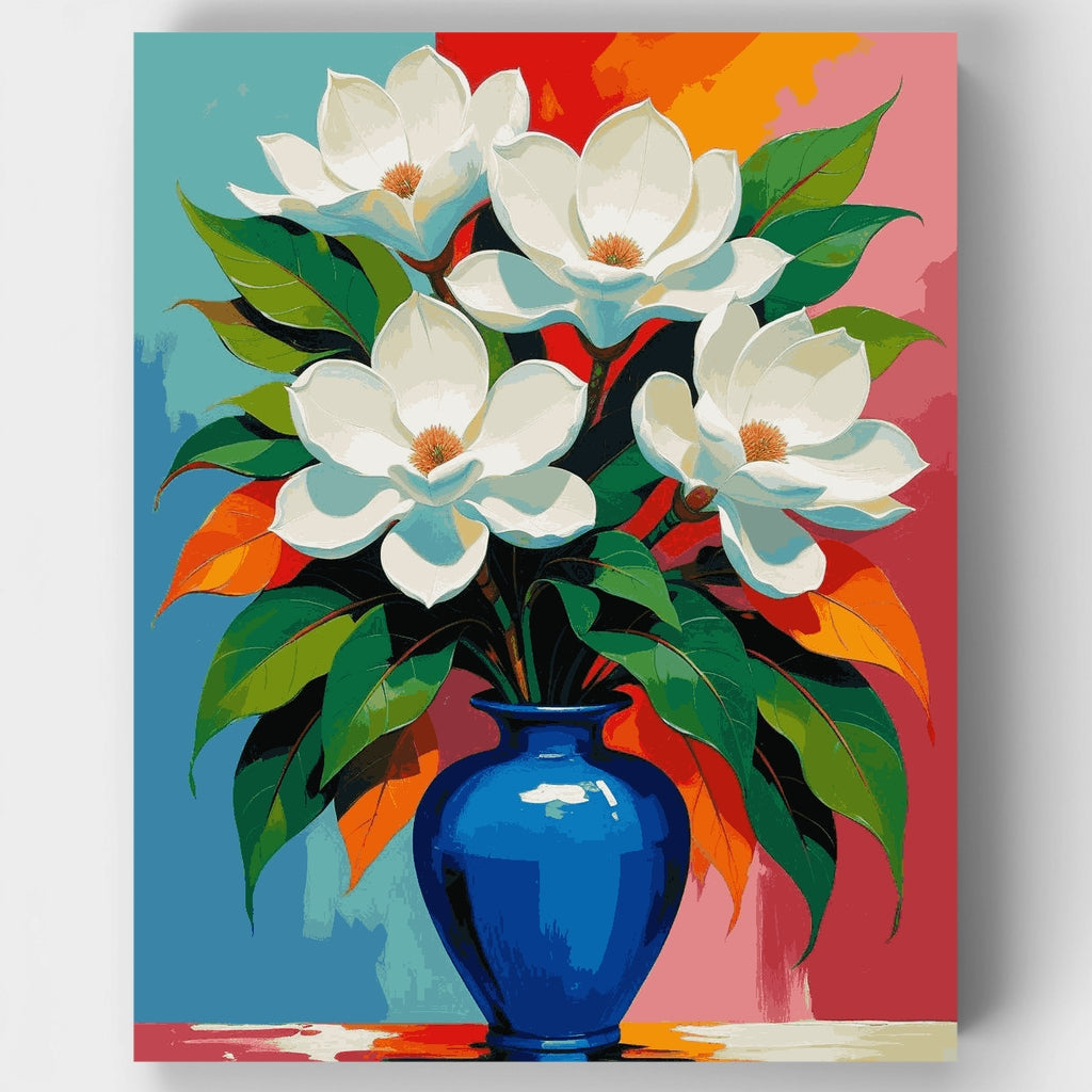 Ramo de magnolias en jarrón azul - Kit de pintura por números — Estándar