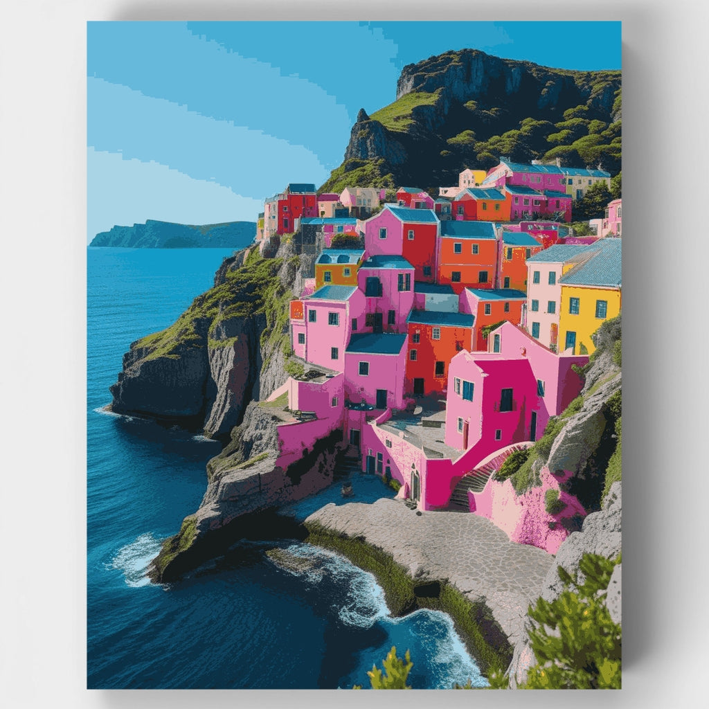 Kit de pintura por números: Pueblo costero mediterráneo colorido — Estándar