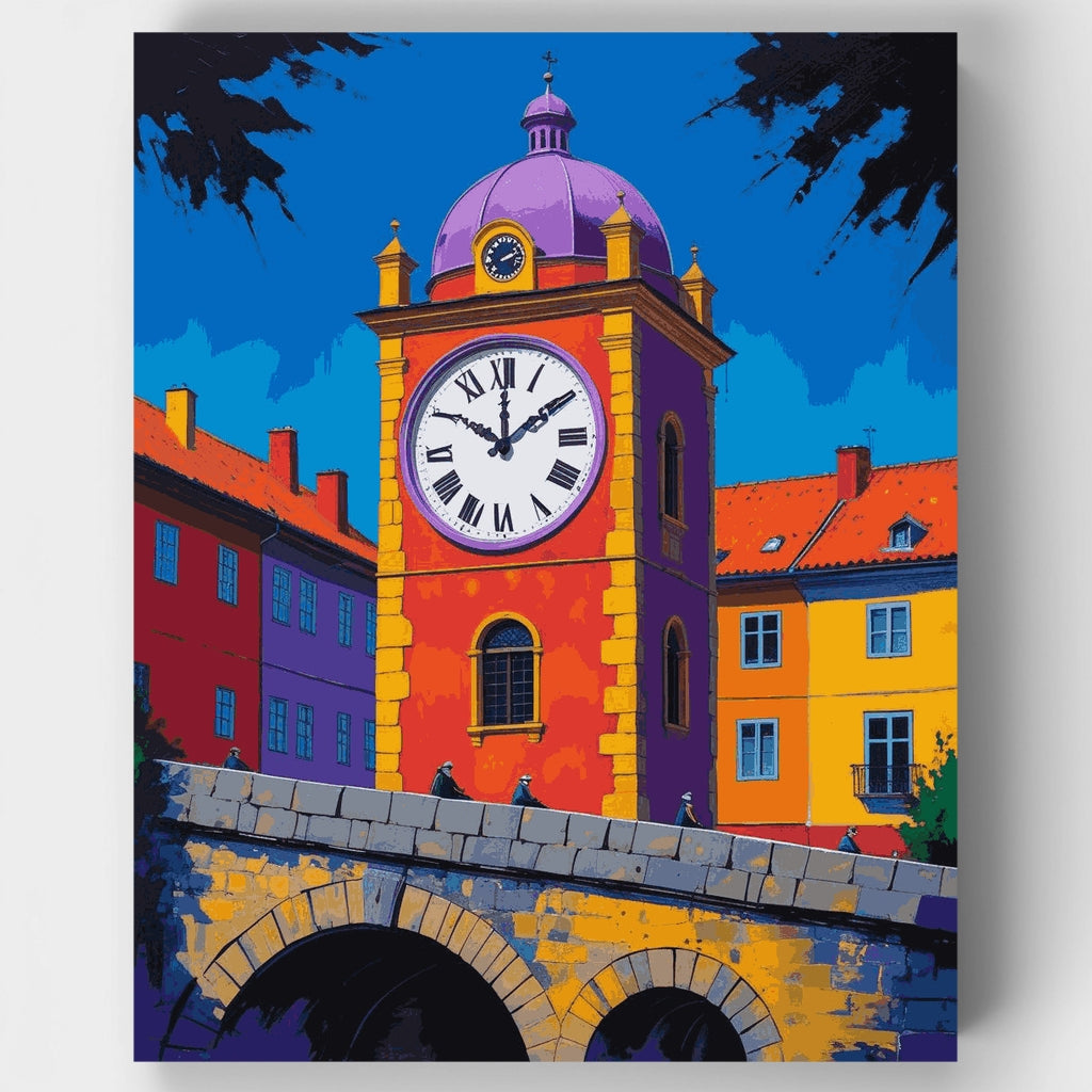 Kit de pintura por números: Torre del reloj europea colorida — Estándar