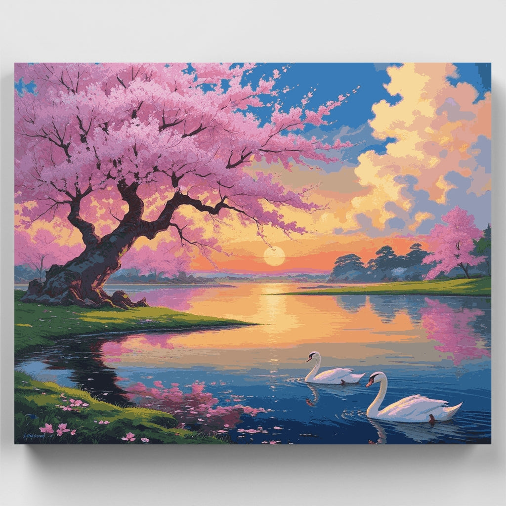 Kit de pintura por números: Atardecer en el lago de los cerezos con cisnes — Estándar