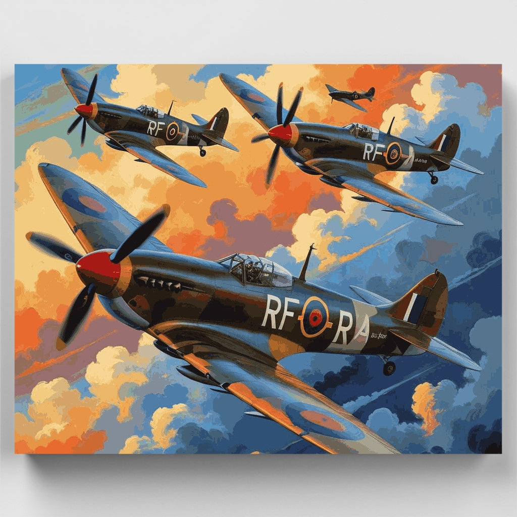 Kit de pintura por números - Escuadrón Spitfire de la RAF al atardecer — Estándar