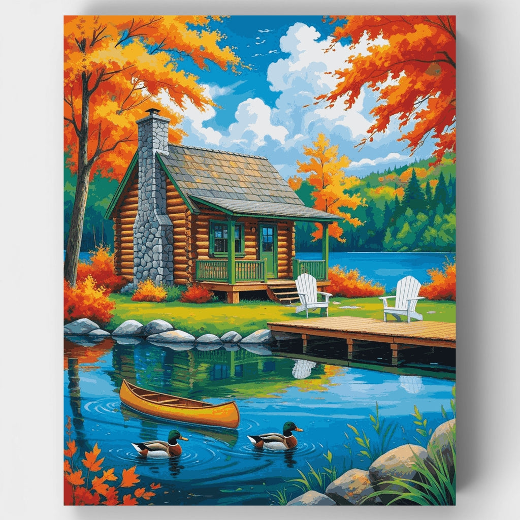Paraíso de cabaña de madera junto al lago en otoño - Kit de pintura por números — Estándar