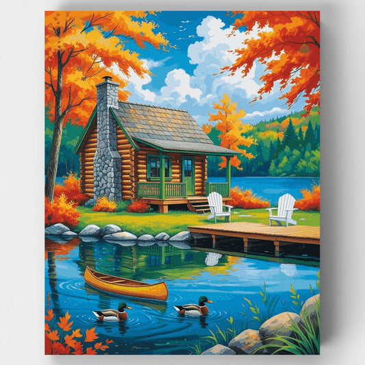 Autumn Lakeside Log Cabin Paradise - Paint by Numbers Kit