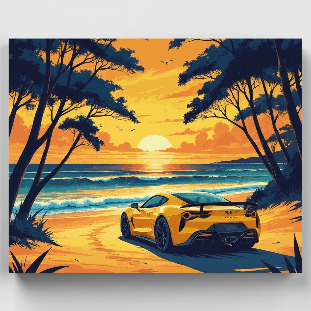 Kit de pintura por números - Superdeportivo al atardecer en la costa — Estándar