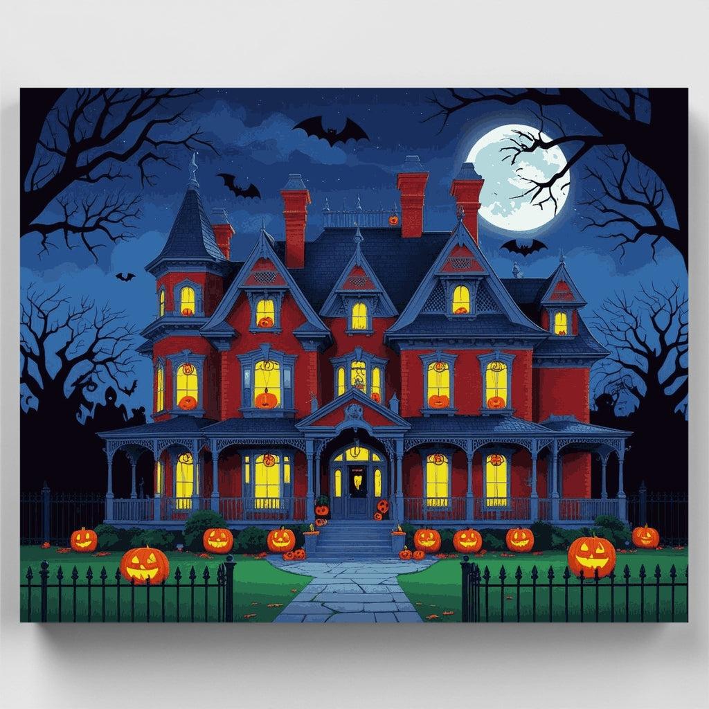 Kit de pintura por números: Casa embrujada de Halloween con calabazas de Halloween — Estándar