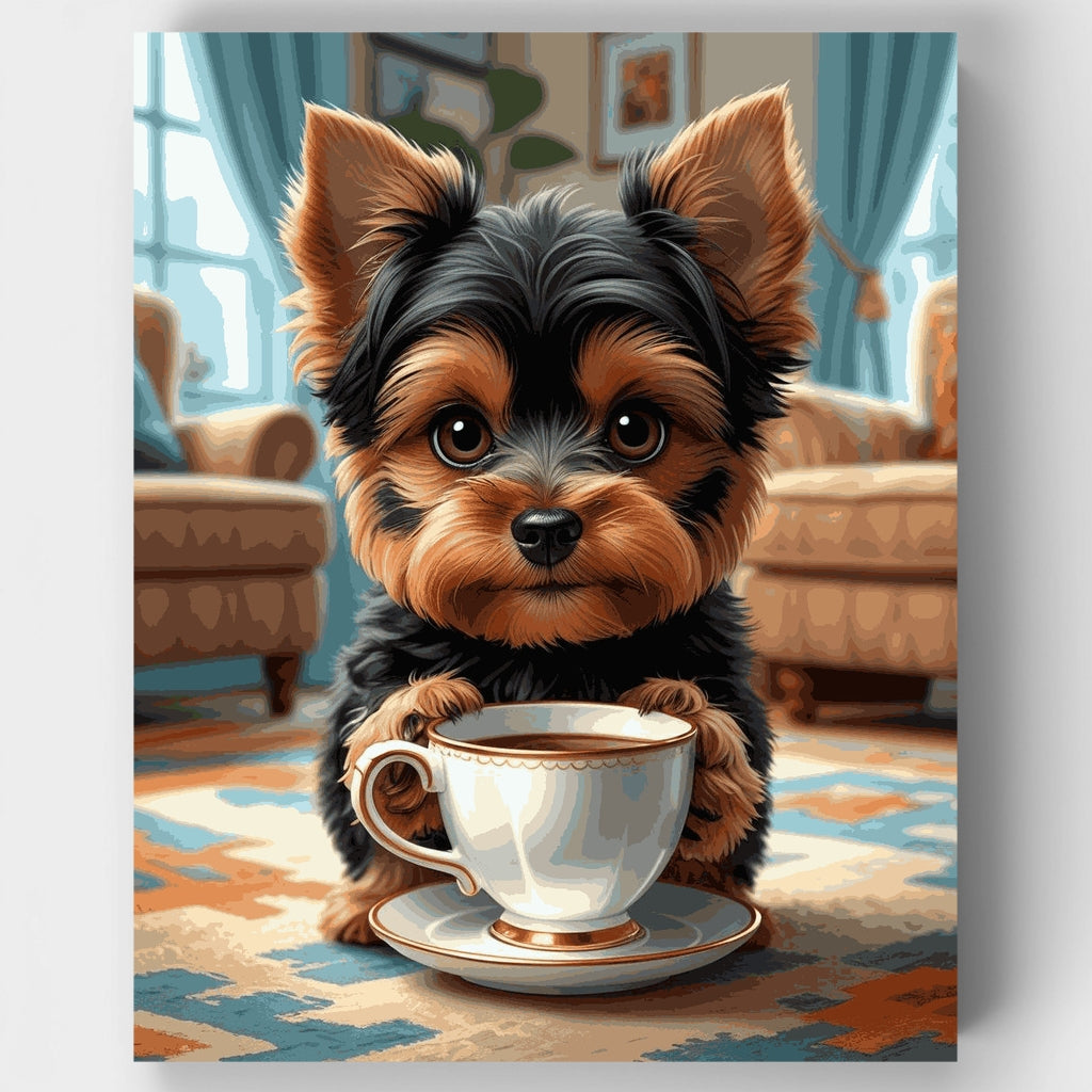 Adorable Yorkshire Terrier con taza de té - Kit de pintura por números — Estándar
