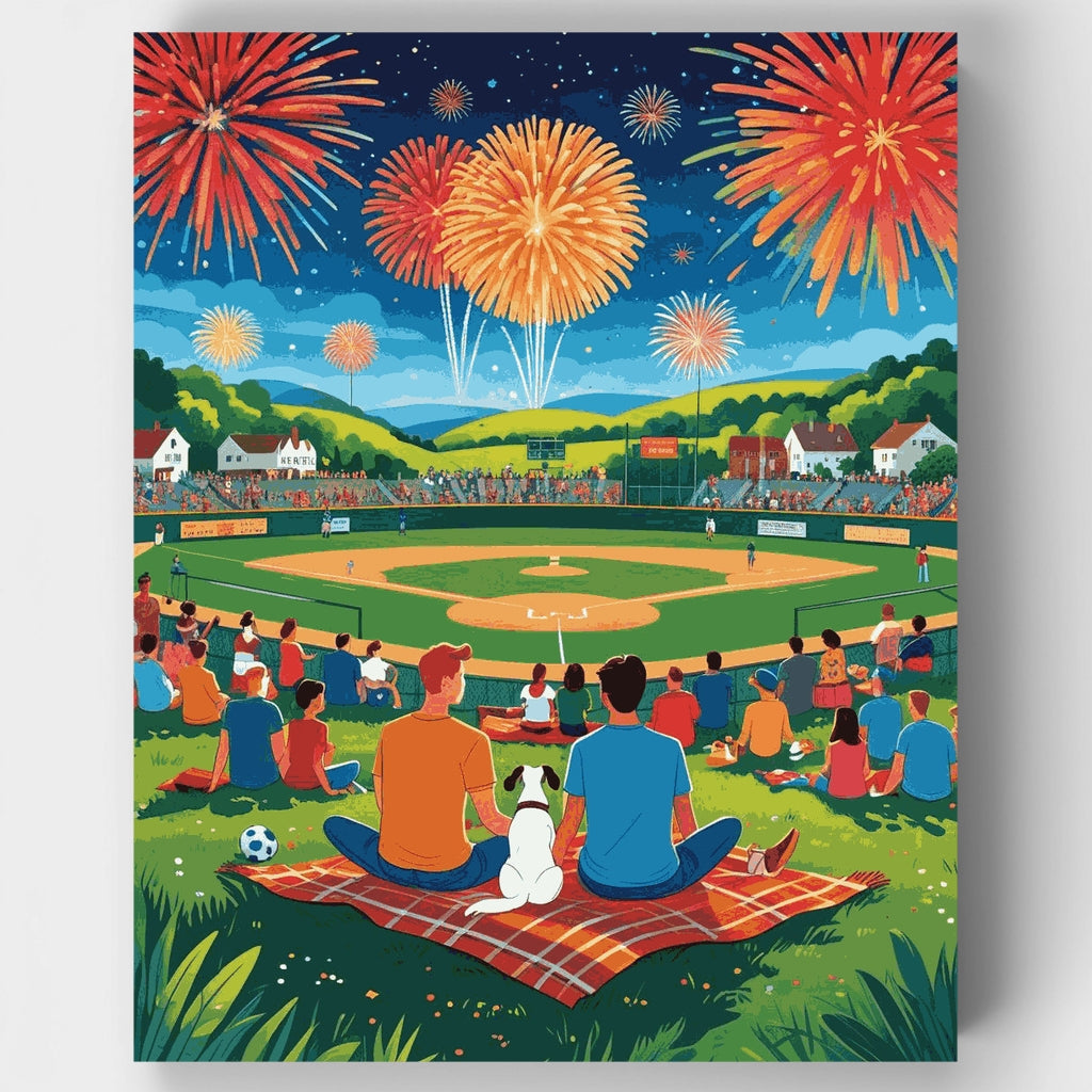 Celebración de fuegos artificiales en el estadio de béisbol - Kit de pintura por números — Estándar