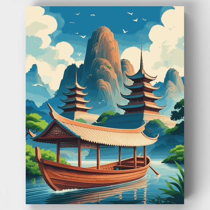 Chinese Pagoda Boat Journey - Paint by Numbers Kit