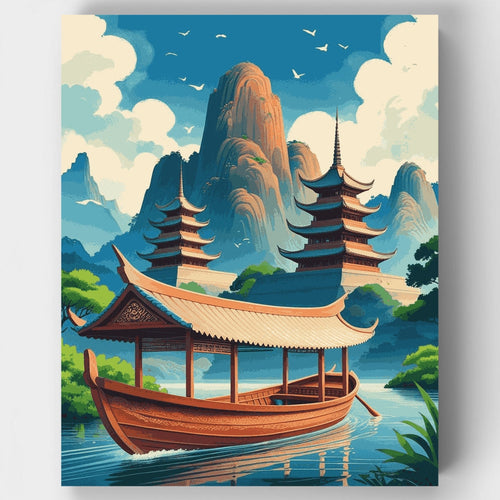 Chinese Pagoda Boat Journey - Paint by Numbers Kit