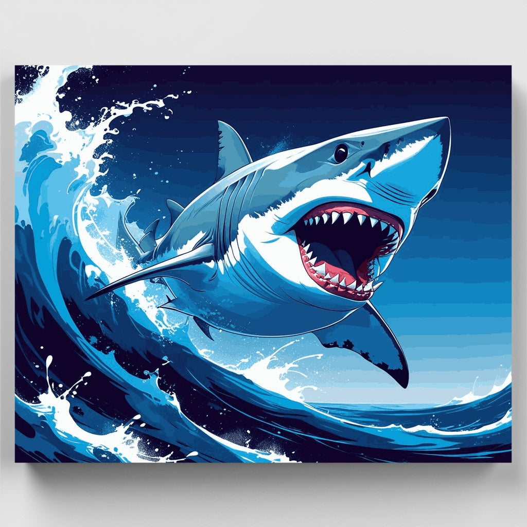 Great White Shark Breaching Ocean Waves - Paint by Numbers Kit