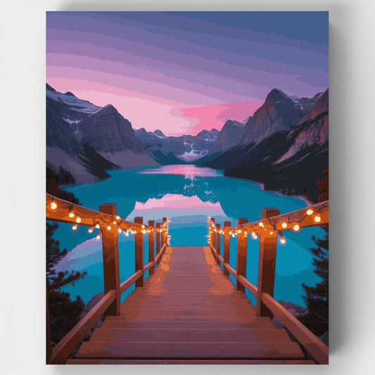Mountain Lake Sunset with Wooden Dock - Paint by Numbers Kit