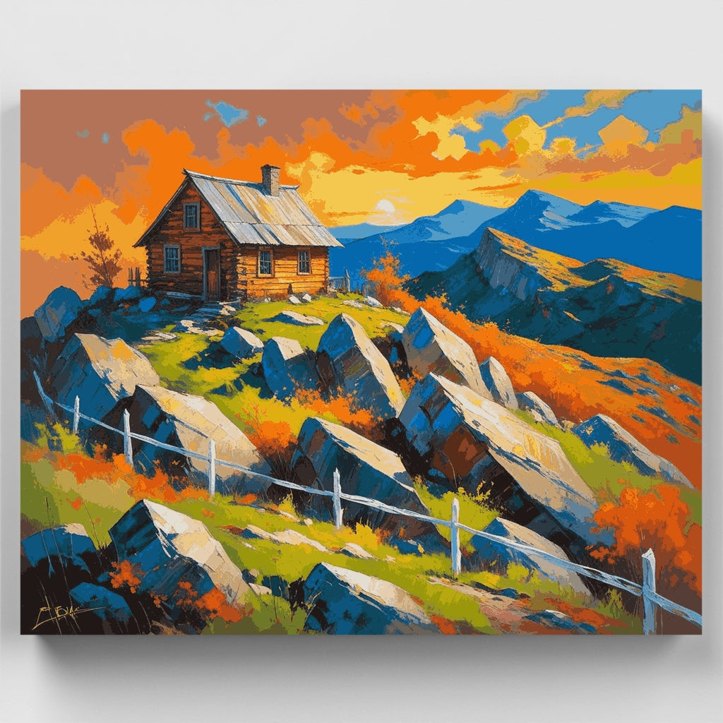 Kit de pintura por números - Atardecer en la cabaña de montaña — Estándar
