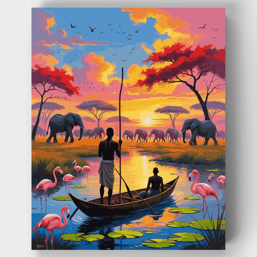 African Savanna Sunset with Elephants and Flamingos - Paint by Numbers Kit