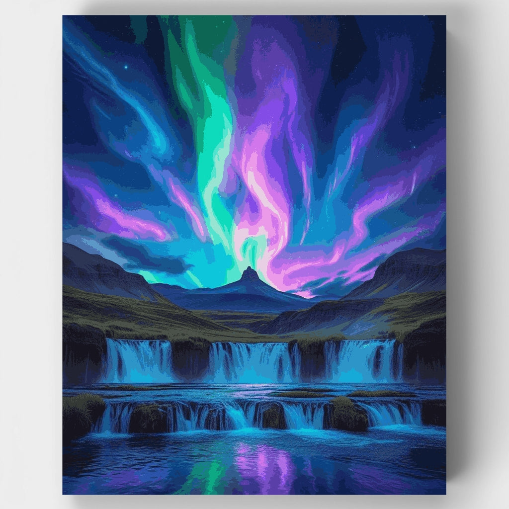 Aurora Borealis Over Cascading Waterfalls - Paint by Numbers Kit