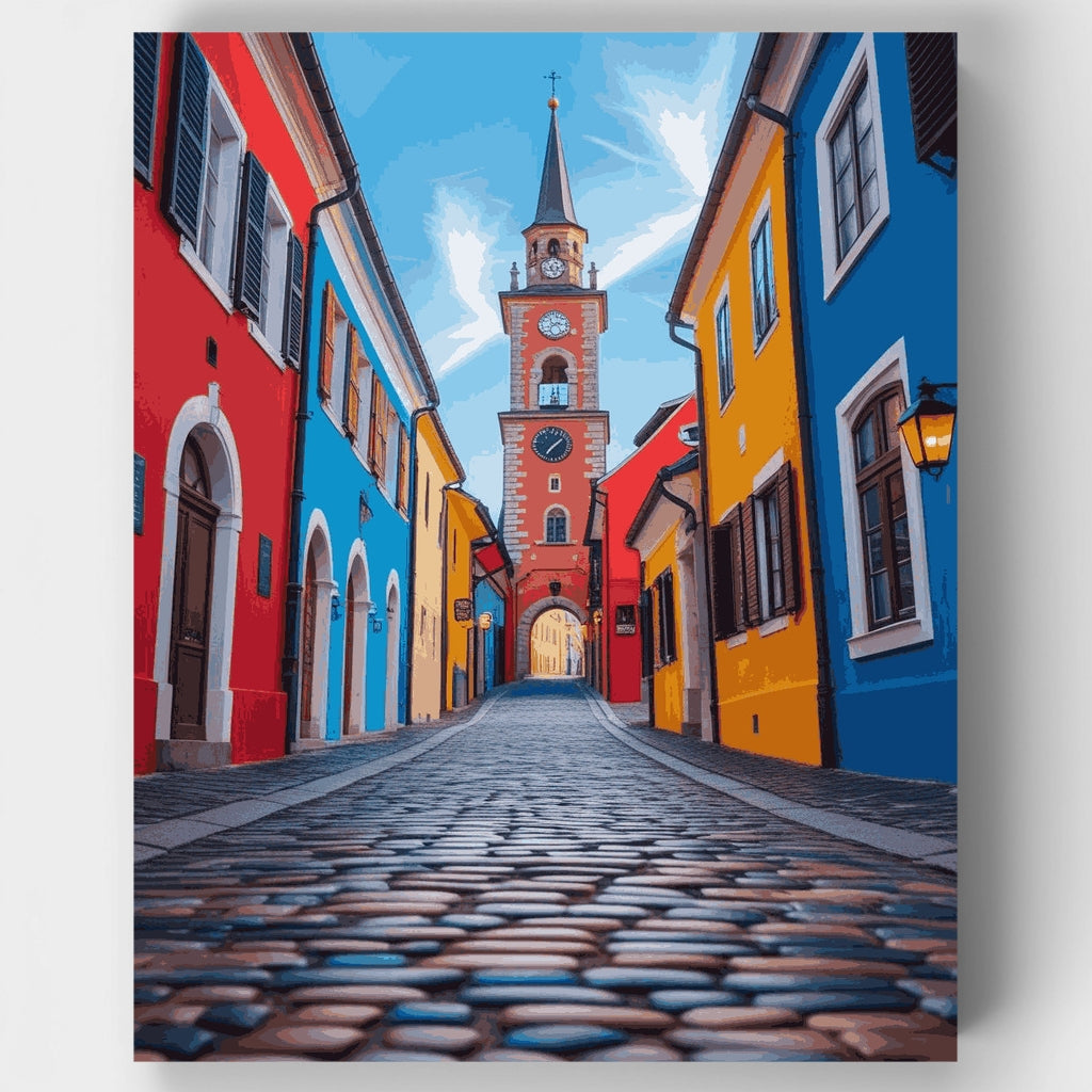 Kit de pintura por números - Calle con torre del reloj europea colorida — Estándar