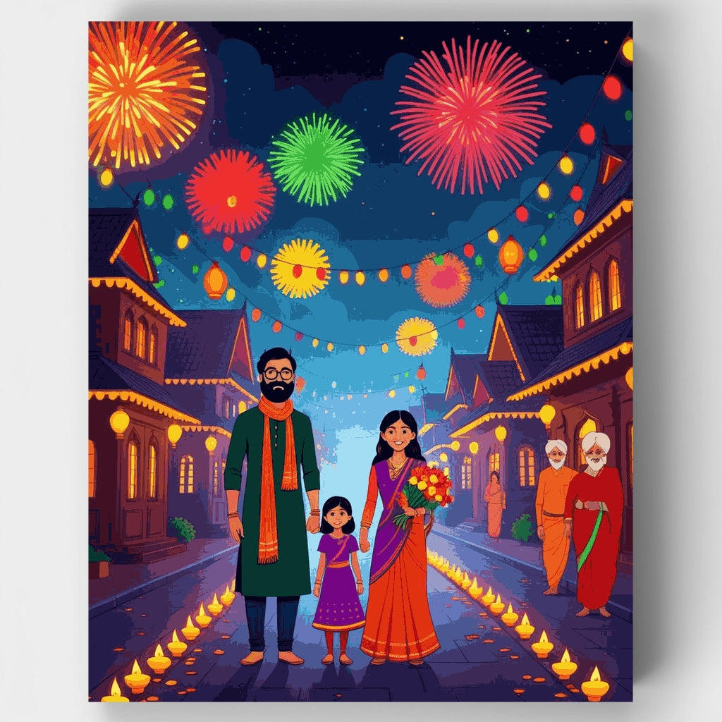 Celebración familiar de Diwali con fuegos artificiales - Kit de pintura por números — Estándar