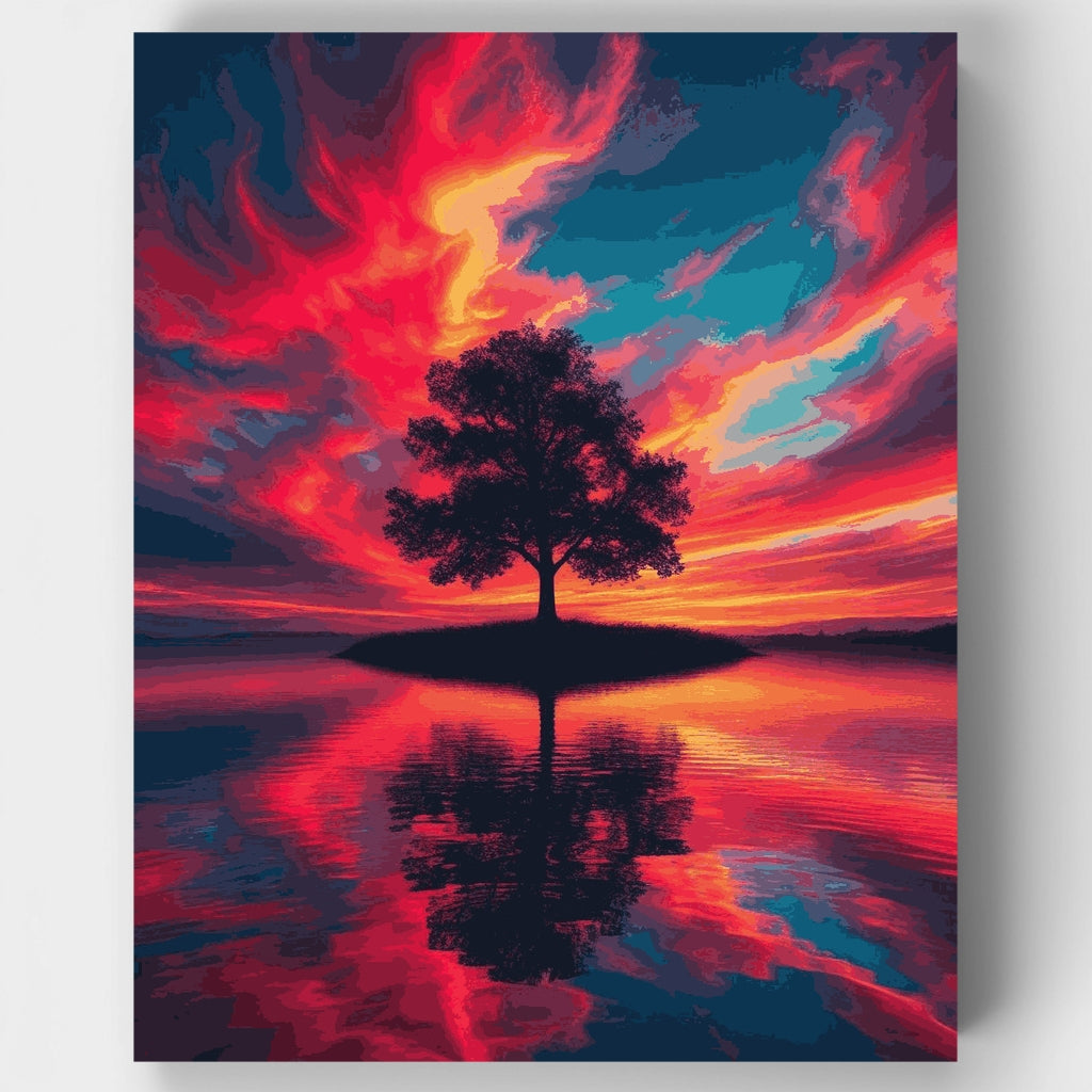 Kit de pintura por números: Reflejo de árbol al atardecer ardiente — Estándar