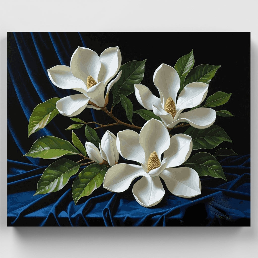 Flores de magnolia blanca sobre seda azul - Kit de pintura por números — Estándar