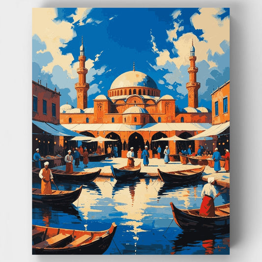 Turkish Mosque Harbor Scene - Paint by Numbers Kit