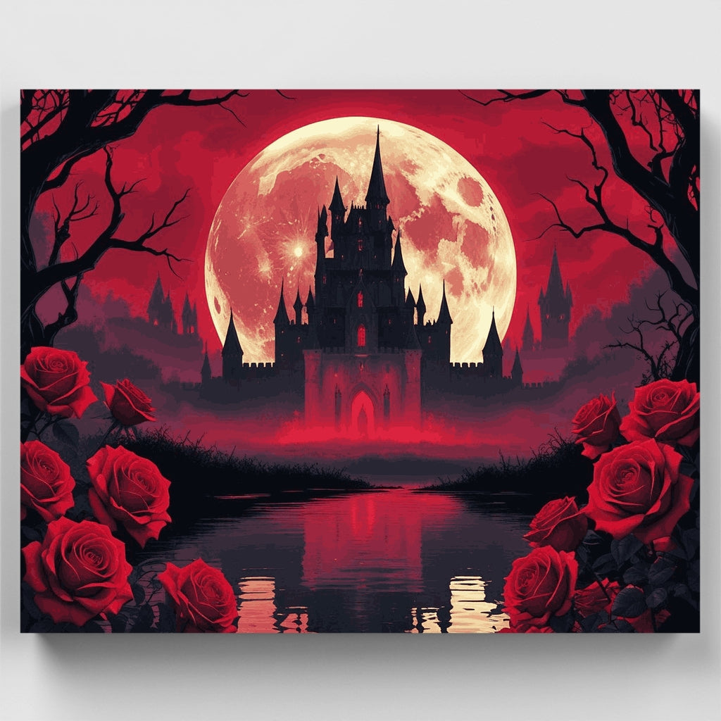 Gothic Castle Under Blood Moon with Red Roses - Paint by Numbers Kit