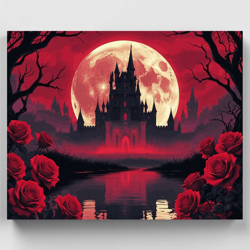 Gothic Castle Under Blood Moon with Red Roses - Paint by Numbers Kit