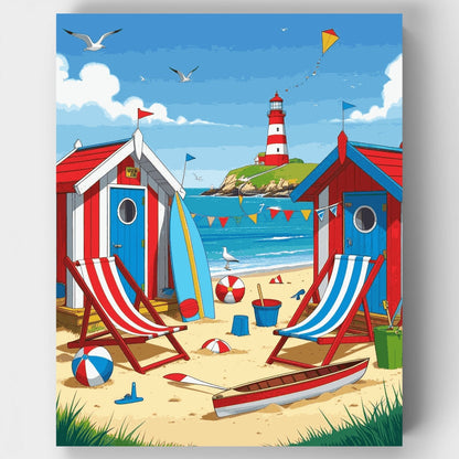 Coastal Beach Huts with Lighthouse - Paint by Numbers Kit
