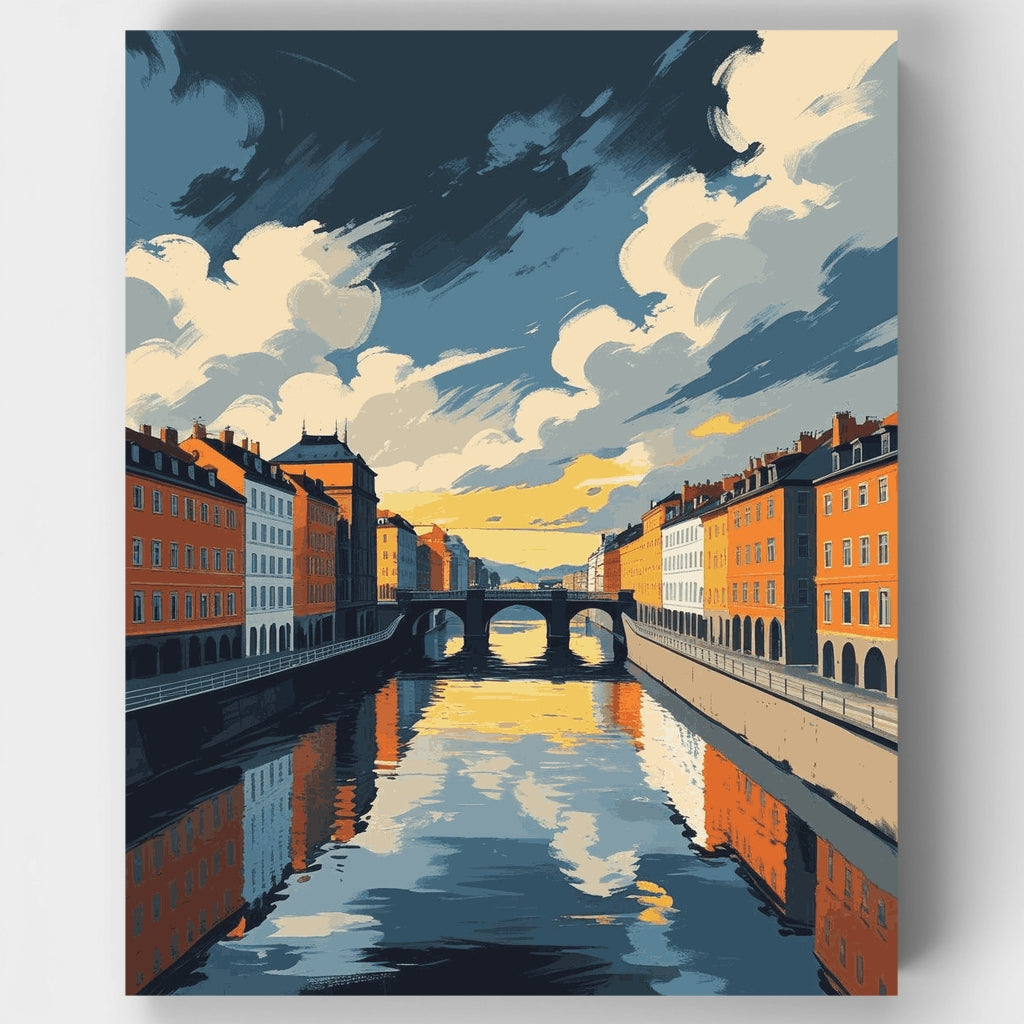 European Canal City at Sunset - Paint by Numbers Kit